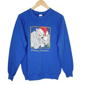 Vintage Christmas Cat and Mouse Women’s Size Large Blue Sweatshirt Made in USA